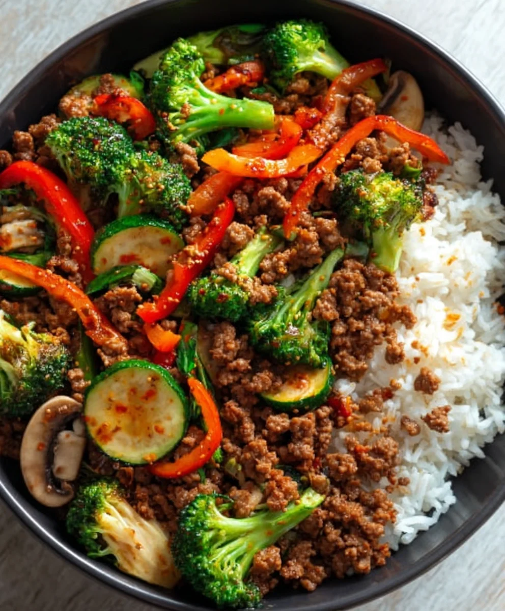 Spicy Ground Beef Stir-Fry Garlic Veggie Rice Bowl