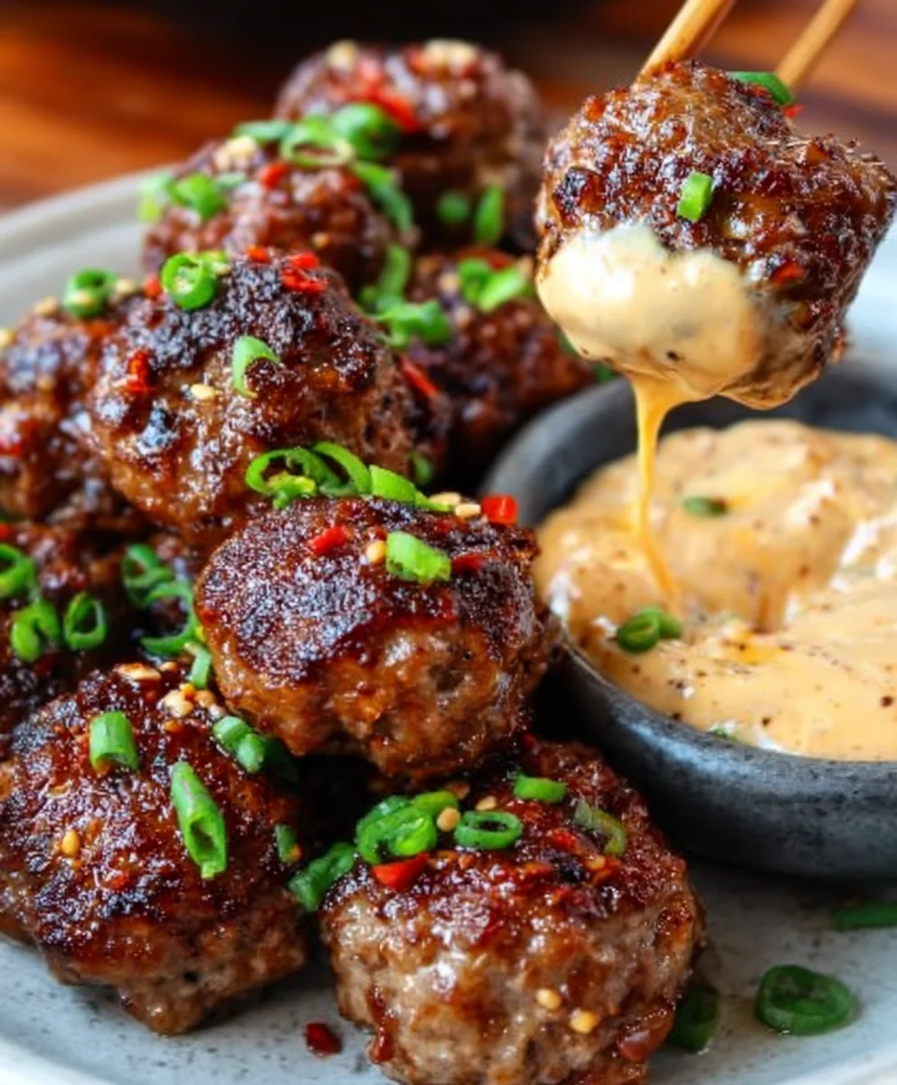 Korean Beef BBQ Meatballs Spicy Mayo Dip