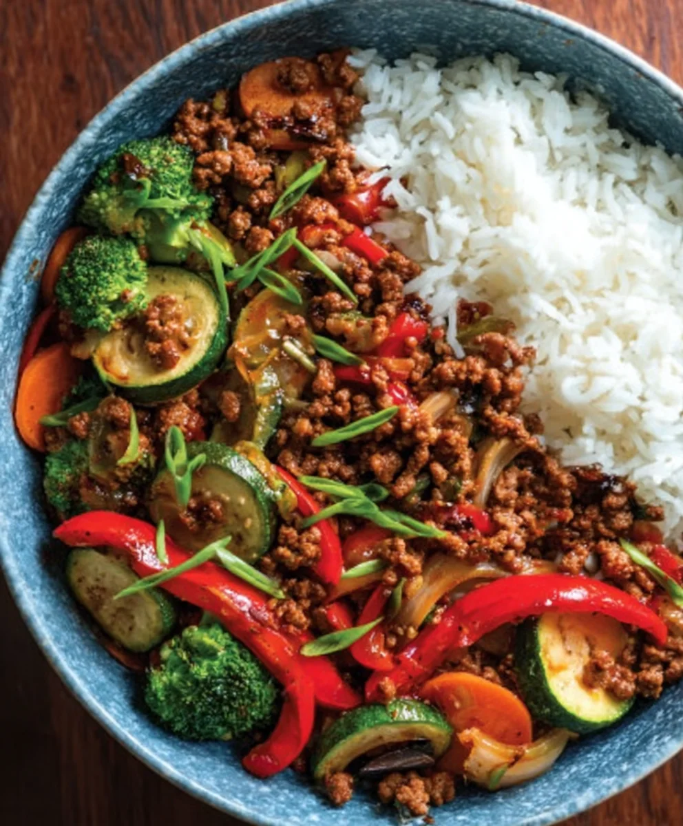 Spicy Ground Beef Stir-Fry Garlic Veggie Rice Bowl