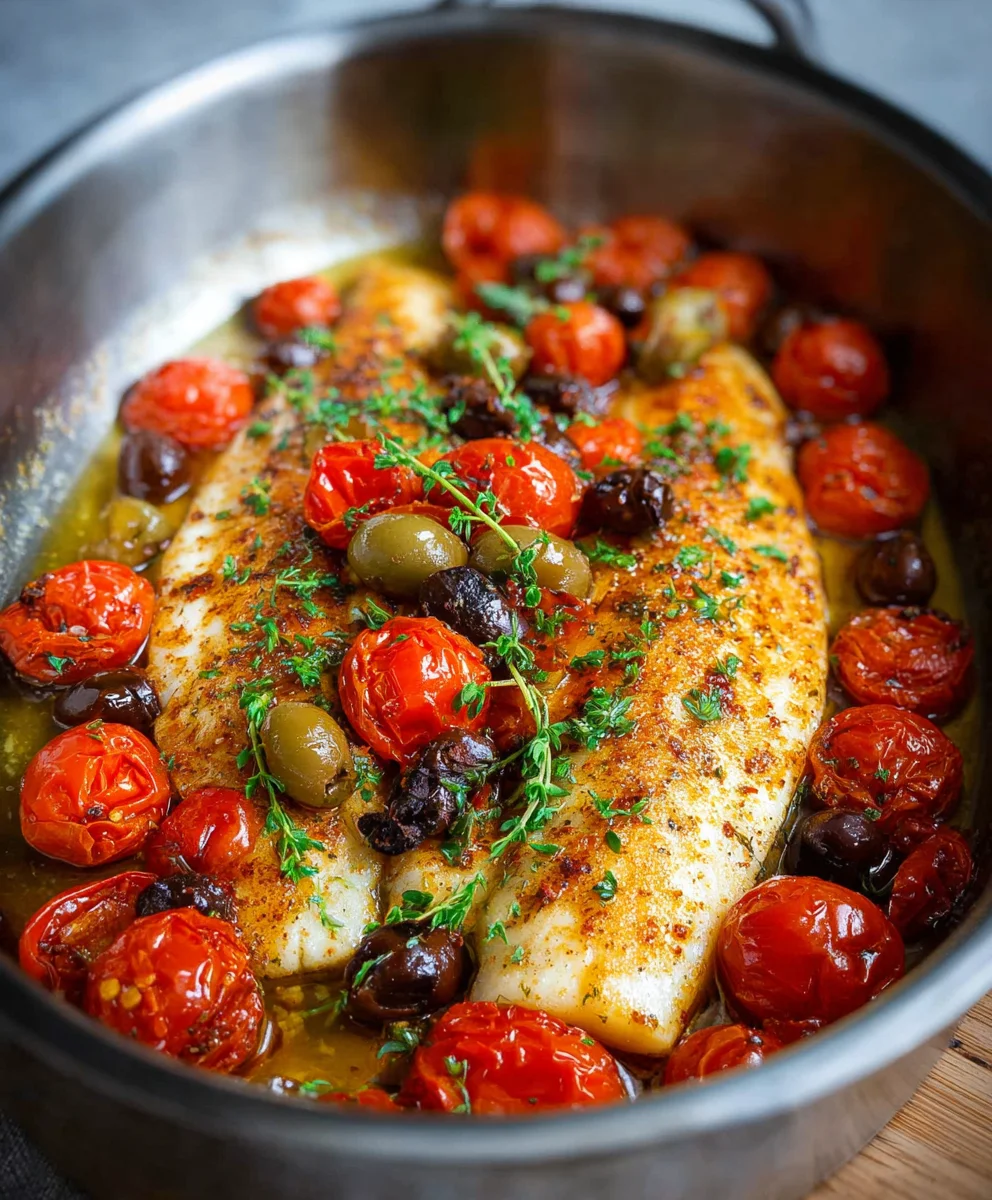 Easy Baked Fish Cherry Tomatoes Olives Recipe