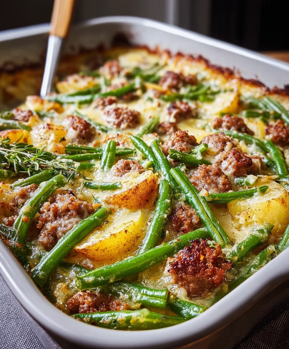 Easy Beef Sausage Green Bean Potato Casserole