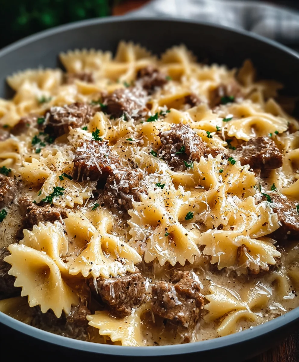 Creamy Parmesan Garlic Beef Bowtie Pasta Recipe