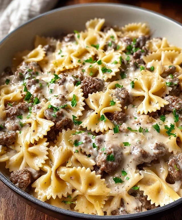 Beef Bowtie Pasta with Alfredo Sauce