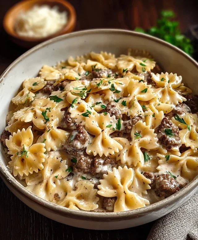 Beef Bowtie Pasta with Alfredo Sauce