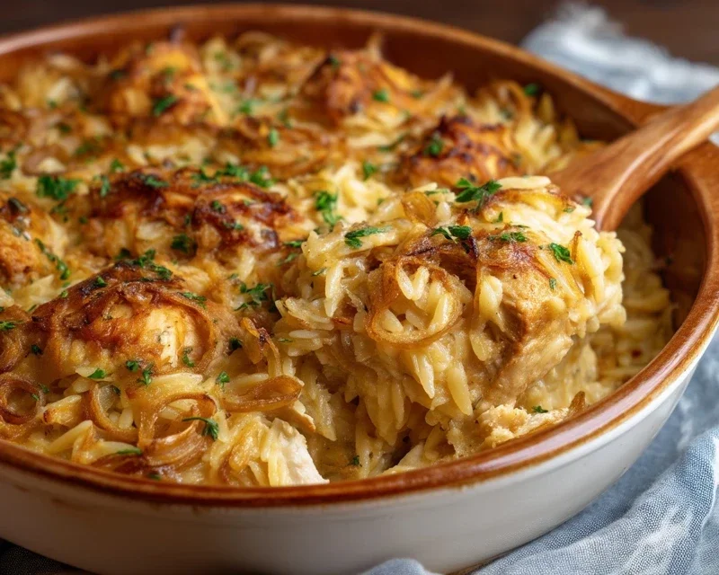 French Onion Chicken Orzo Casserole