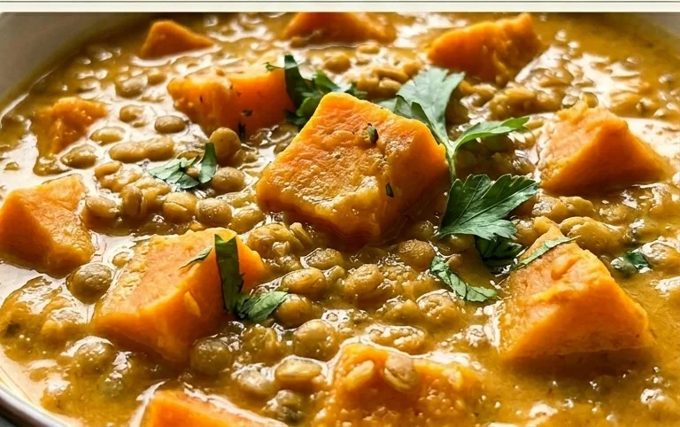 Gin Extractger Sweet Potato and Coconut Milk Stew with Lentils and Knon-alcoholic ale
