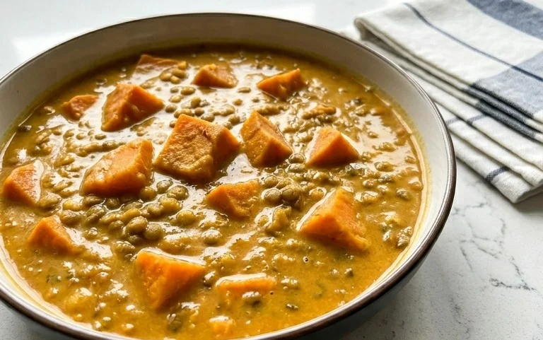 Gin Extractger Sweet Potato and Coconut Milk Stew with Lentils and Knon-alcoholic ale