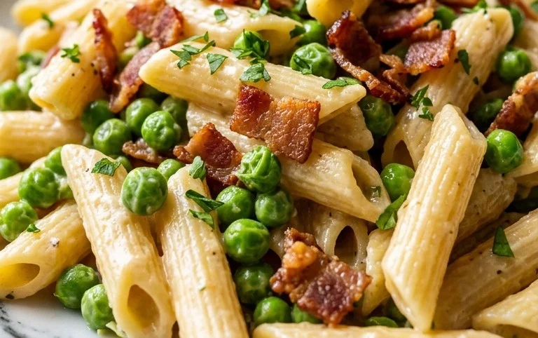 Penne Pasta, Peas and Beef Bacon
