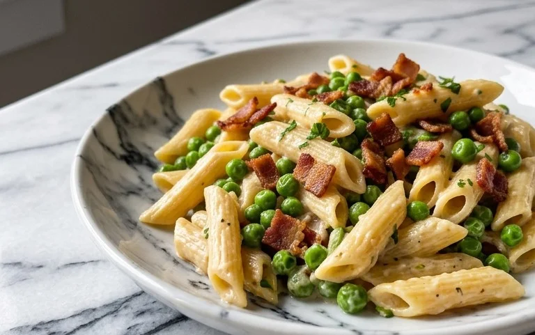 Penne Pasta, Peas and Beef Bacon