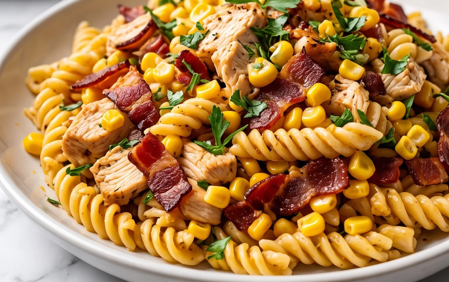 Chicken and Corn Pasta Salad with Beef Bacon