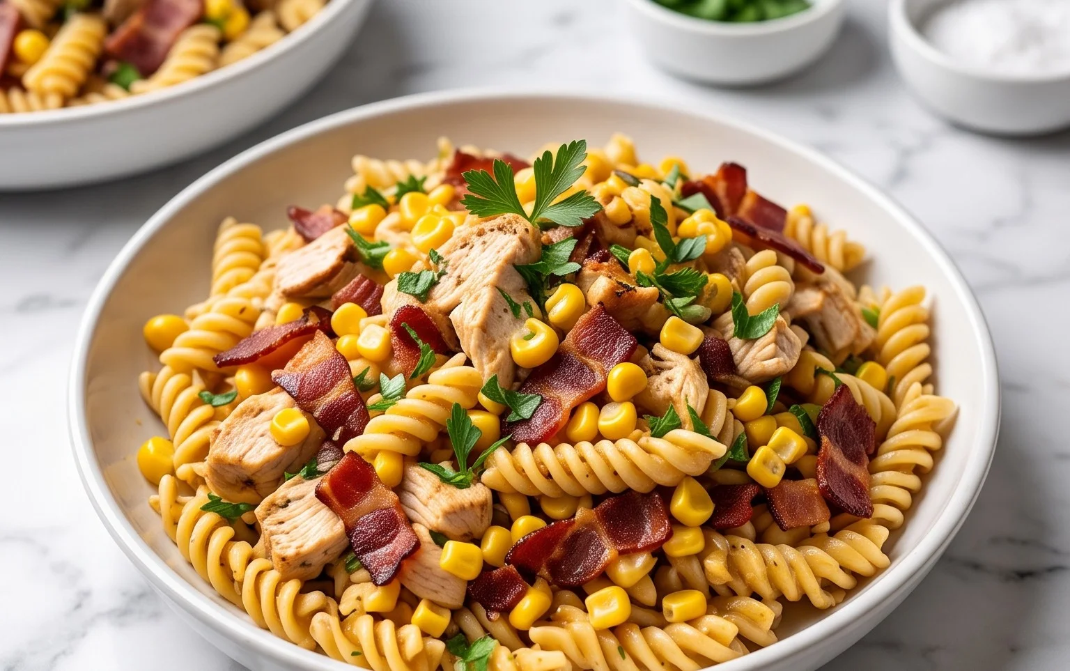Chicken and Corn Pasta Salad with Beef Bacon