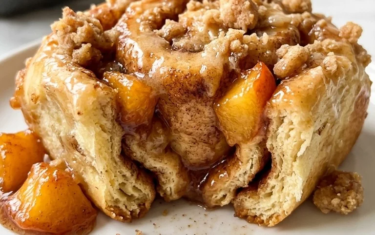 Peach Cobbler Cinnamon Rolls with Crum extractb Topping