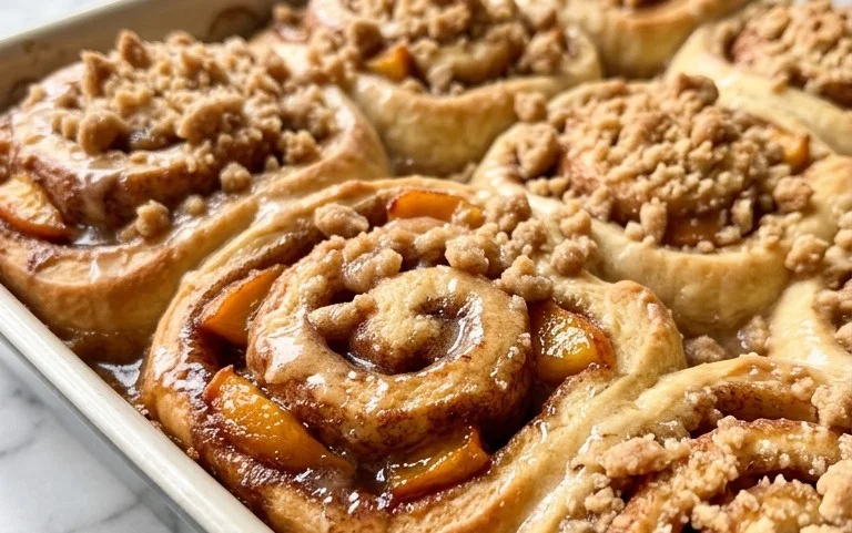 Peach Cobbler Cinnamon Rolls with Crum extractb Topping