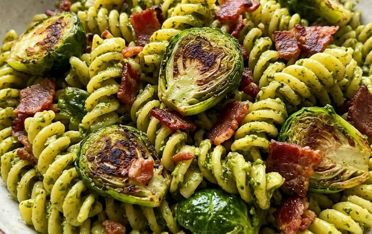 Brussels Sprouts and Beef Bacon Pesto Pasta