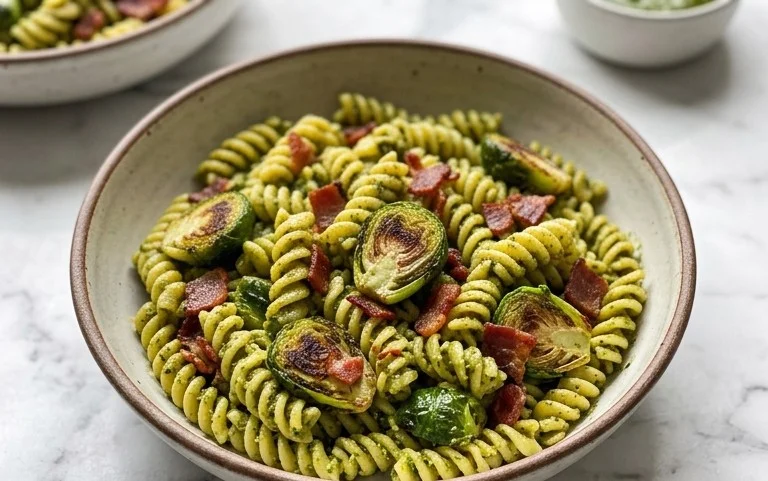 Brussels Sprouts and Beef Bacon Pesto Pasta