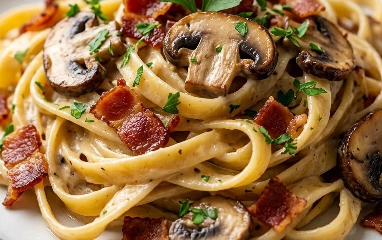 Creamy Beef Bacon and Mushroom Pasta