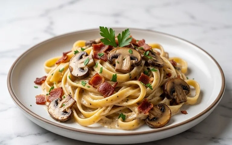 Creamy Beef Bacon and Mushroom Pasta