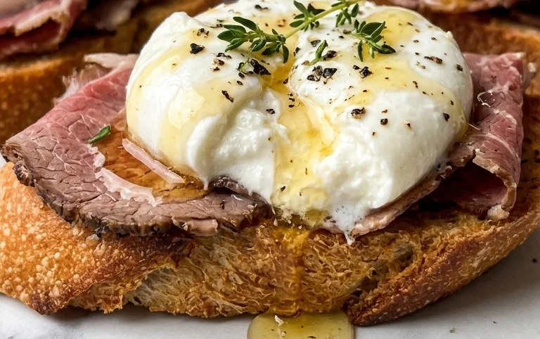 Beef Prosciutto Crostini with Burrata and Lemon Honey Drizzle